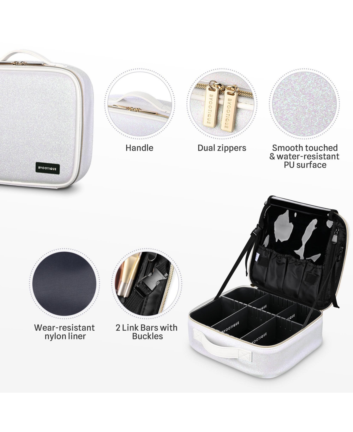 Byootique Portable Glitter Makeup Train Case Brush Holder Cosmetic Bag Travel
