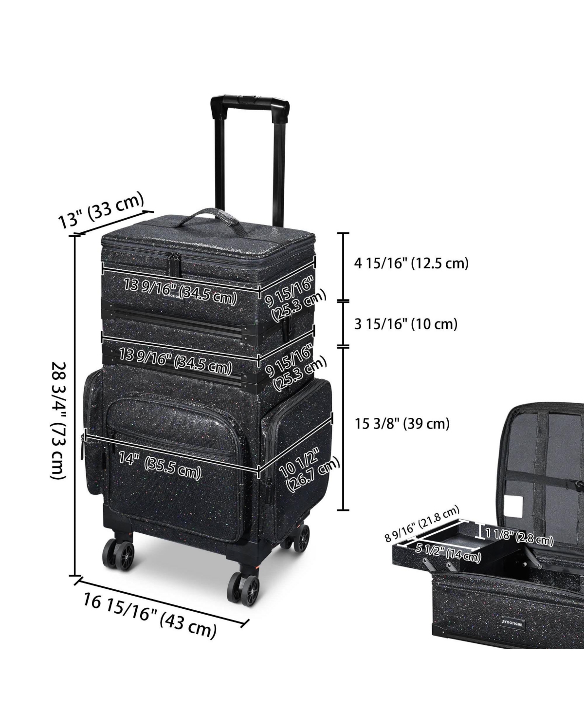 Byootique 3in1 Soft Sided Rolling Makeup Case Cosmetic With Removable Divider For Makeup Artist Nail Artist Glitter Black