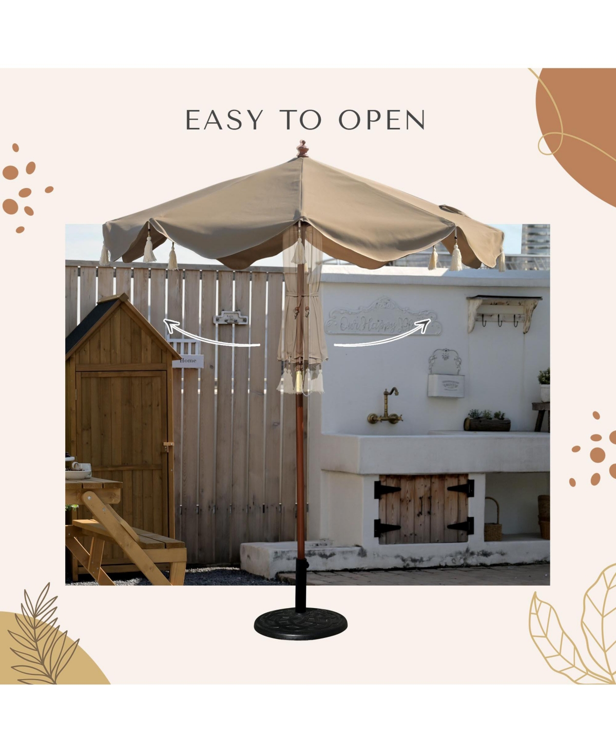 LAGarden 7' Patio Beige Umbrella with Fringe UPF50+ Boho Style 5-Year-Non-Fading for Outdoor,Model: BH7W-01 - Khaki with fringe