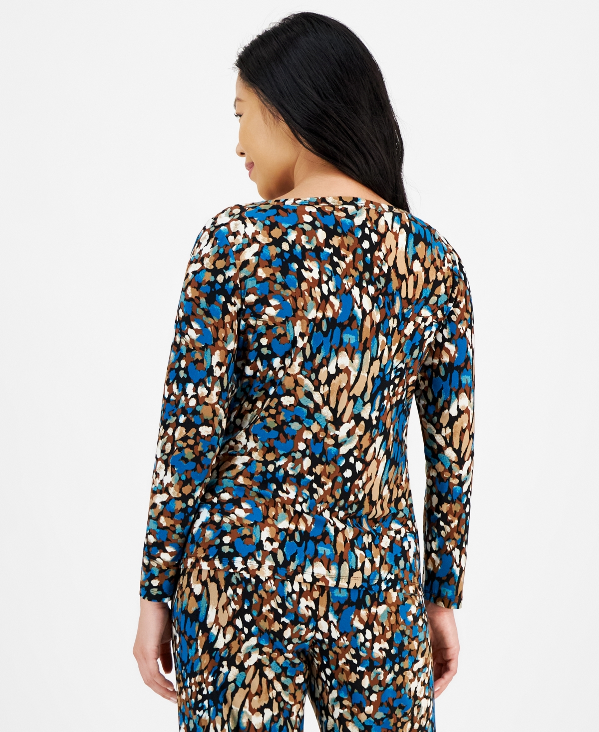 Ak Anne Klein Petite Printed Long-Sleeve Rivet Top