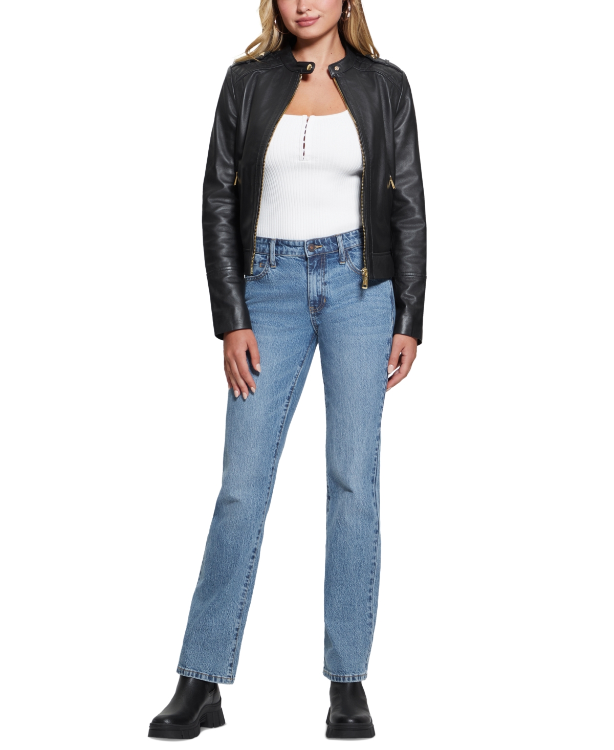 Guess Women's Quilted-Shoulder Leather Moto Coat