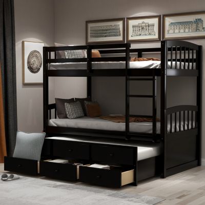 Twin Bunk Bed with Ladder, Rail, Trundle and Drawers