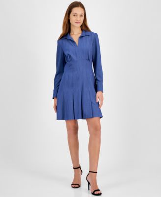Taylor - Women's Pleated-Skirt Open-Collar Long-Sleeve Dress