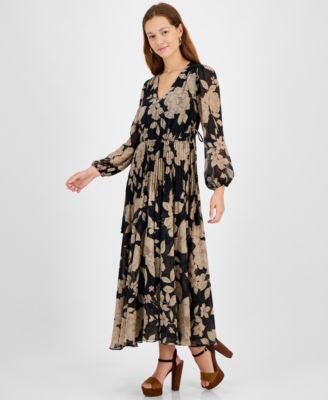 Women's Floral Chiffon V-Neck Pleated Dress