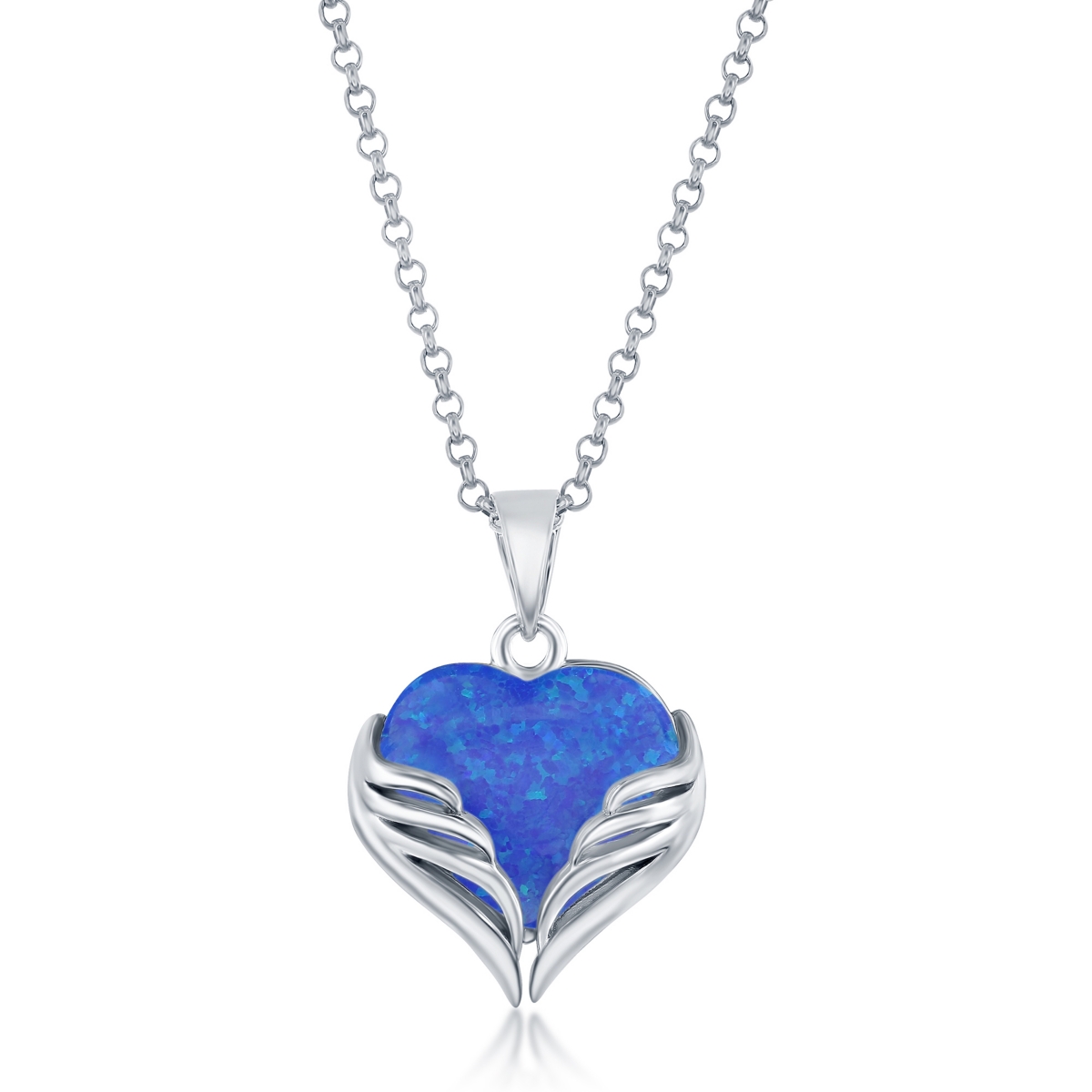 Sterling Silver Synthetic Opal Heart Angel Wings Pendant - Blue