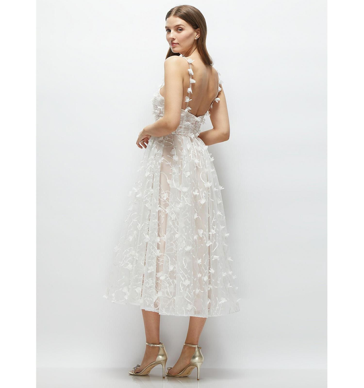 Women's 3D Embroidered Little White Midi Dress with Nude Corset Underlay