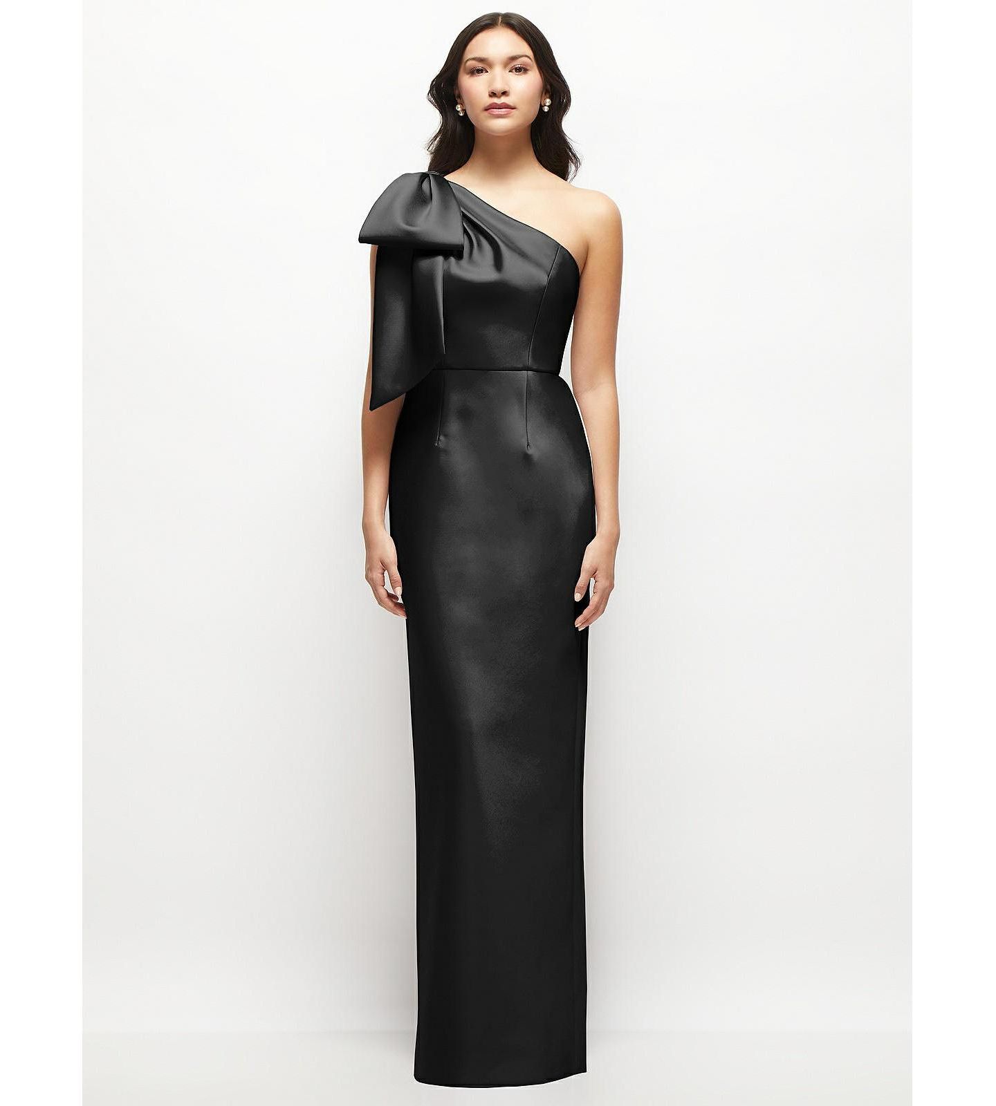 Женское платье Alfred Sung Oversized Bow One-Shoulder Satin Column Maxi, цвет: Чёрный — фото 1