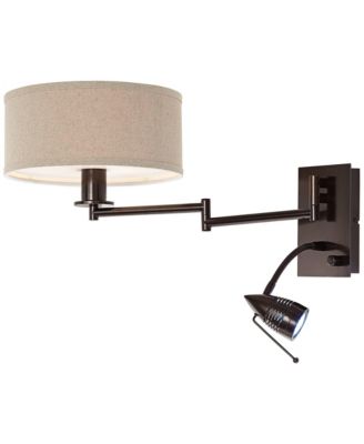 Radix Modern Swing Arm Wall Lamp Bronze with Cord Cover LED Reading Light Plug-in Light Fixture Oatmeal Shade for Bedroom Bedside
