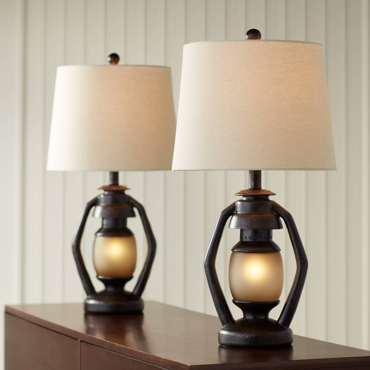 Horace Rustic Farmhouse Table Lamps High Full Size Set of 2 with Nightlight Miner LanternOatmeal Tapered Drum Shade for Living Room Bedr