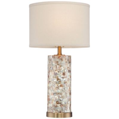 Margaret Coastal Accent Table Lamp 23" High Mother of Pearl Tile Cylinder Cream Linen Drum Shade for Bedroom Living Room Bedside Office