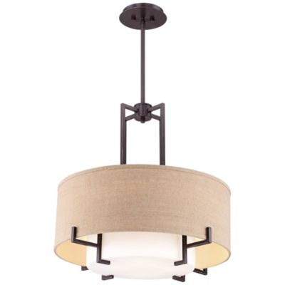 Concentric Pendant Chandelier with Burlap Drum Shade 4-Light Fixture for Dining Room or Kitchen Island