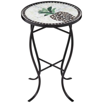 Beige Pineapple Modern Black Metal Round Outdoor Accent Side Table 14" Wide Black Glass Mosaic Tabletop Gracefully Curved Legs for Front Porch Patio Home House Balcony Deck Shed - Teal Island Designs