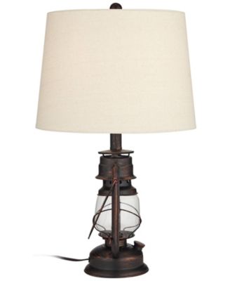 Murphy Rustic Industrial Accent Table Lamp Miner Lantern 23" High Red Bronze Oatmeal Fabric Shade for Bedroom Living Room Office