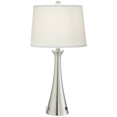 Karl Modern Table Lamps 27 1/2" Tall Set of 2 Brushed Nickel with USB and Outlet White Drum Shade for Bedroom Living Room House Bedside