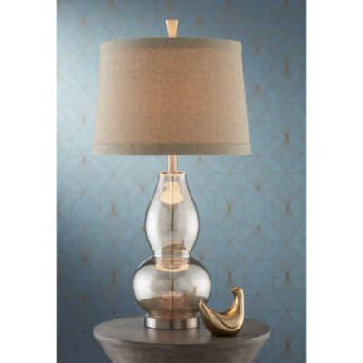 Modern Table Lamp 30.5" Tall Mercury Glass Silver Gourd Natural Linen Drum Shade for Living Room Family Bedroom Nightstand