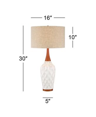 Rocco Mid Century Modern Table Lamp 30" Tall White Wave Geometric Ceramic Oak Wooden Neck Tan Fabric Drum Shade for Living Room Bedroom House Bedside Nightstand Home Office - 360 Lighting