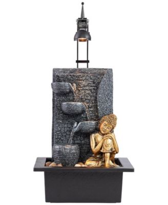 Kneeling Gold Buddha 17" High Small Zen Asian Indoor Outdoor Decor Faux Stone Tabletop Fountain with Light LED