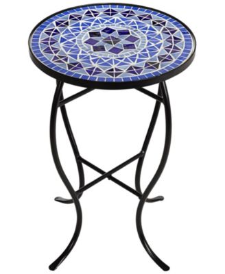Modern Black Round Outdoor Accent Side Tables 14" Wide Set of 2 Light Blue Mosaic Tabletop Front Porch Patio Home House