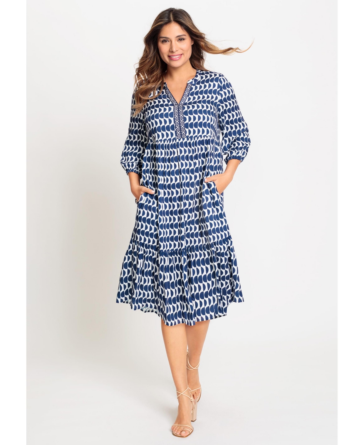 Olsen Women's 100% 3/4 Sleeve Tunic Geo Print Dress with Tiered Hem