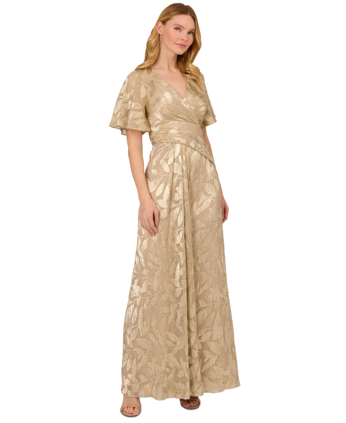 Women's Foil Leaf Flutter-Sleeve Draped Gown - Champagne Gold