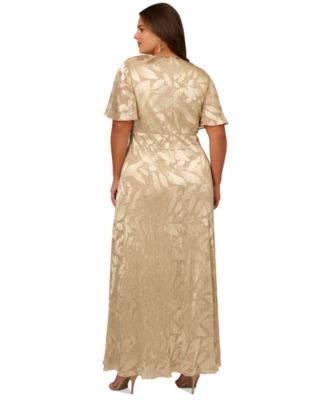 Plus Size Foil Leaf Flutter-Sleeve Draped Gown