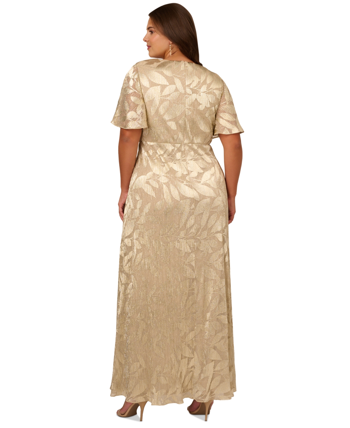Adrianna Papell Plus Size Foil Leaf Flutter-Sleeve Draped Gown
