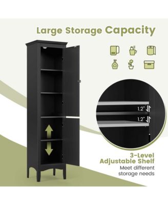 Tall Bathroom Floor Cabinet Narrow Linen Tower with 2 Doors & Adjustable Shelf