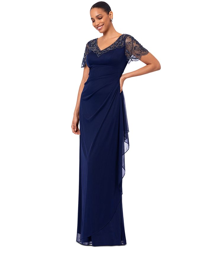 XSCAPE Petite Beaded Scallop-Sleeve Cascading Dress - Macy's