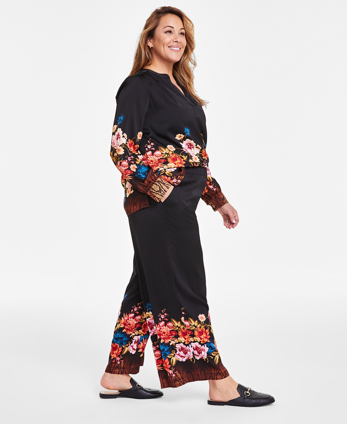 Jm Collection Plus Size Floral-Print Satin Pants, Created for Macy's