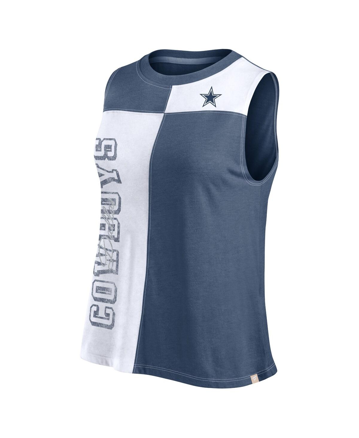 Fanatics Women's Navy/white Dallas Cowboys Script Color Block Tank Top In Navy,white