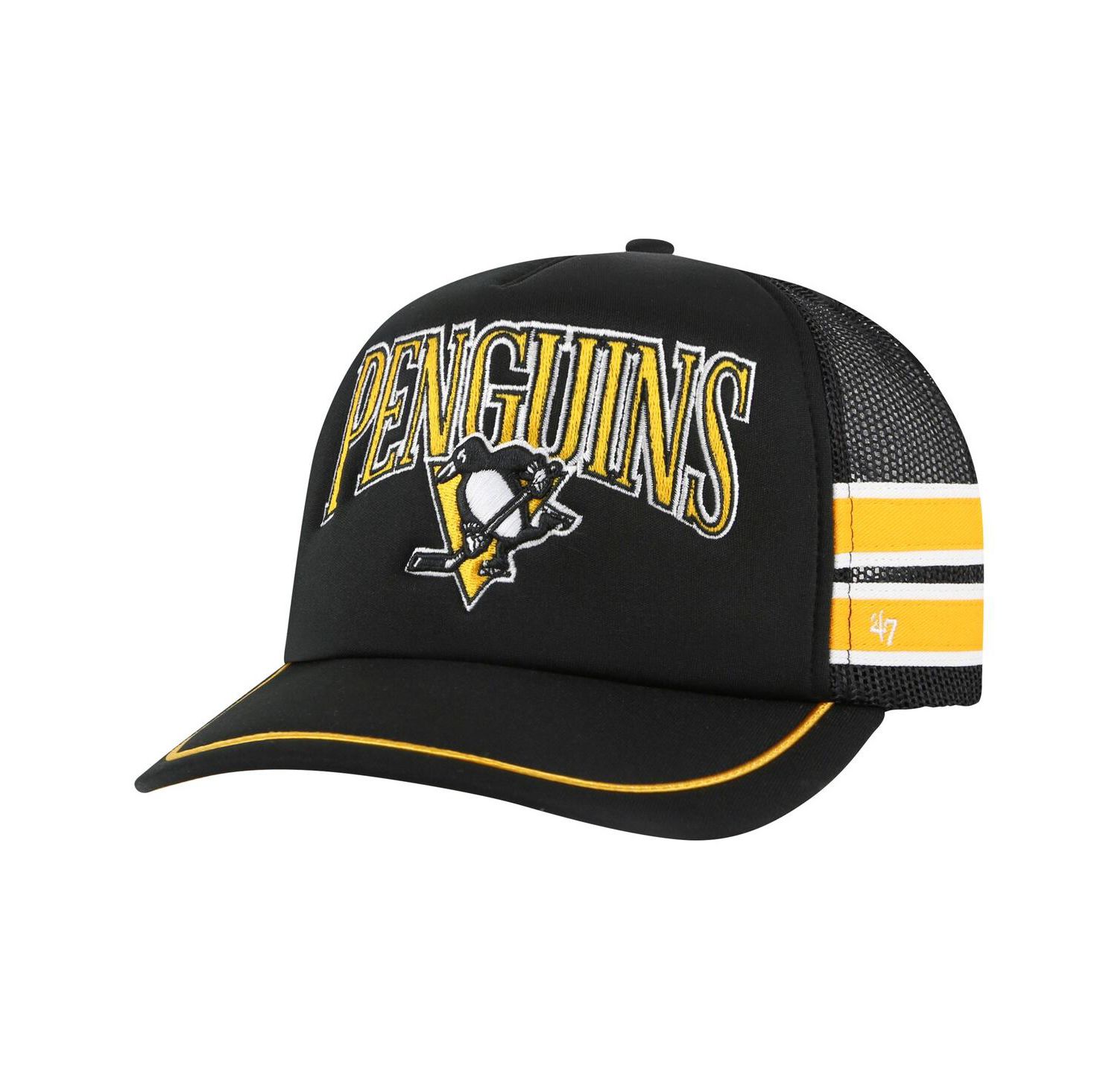 Men's Black Pittsburgh Penguins Sideband Stripes Trucker Snapback Hat