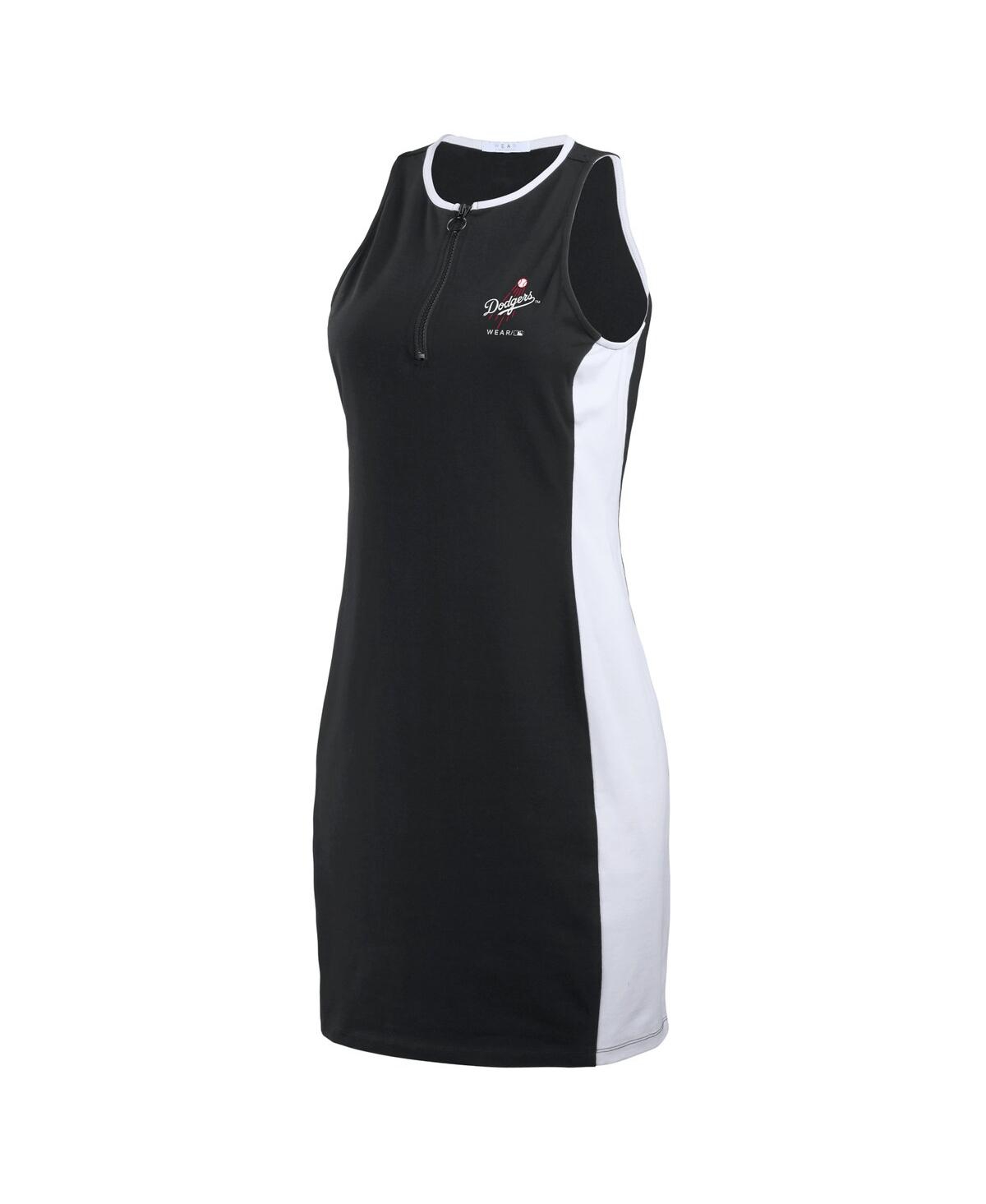 Wear By Erin Andrews Women's Black Los Angeles Dodgers Color Block Quarter-zip Sleeveless Dress In Black,white