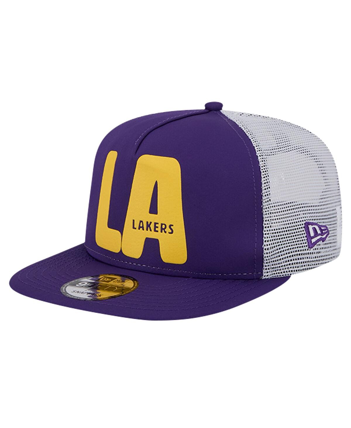 Men's Purple Los Angeles Lakers Puff Print Team Code A-Frame 9FIFTY Trucker Snapback Hat - Purple