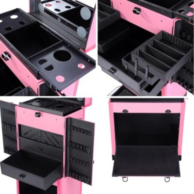 Rolling Makeup Case w/ Lights Mirror Cosmetic Aritist Studio Multi-function Pink