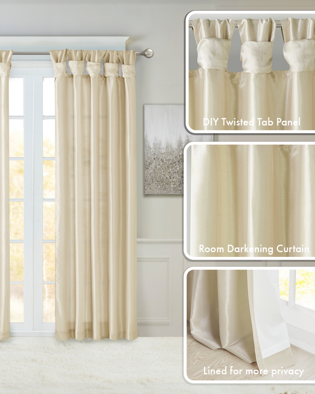 Madison Park Emilia Twist Tab Lined blackout curtains for bedroom, Blackout Single Curtain with Privacy Lining for Living Room, Width 50 length 95 inc