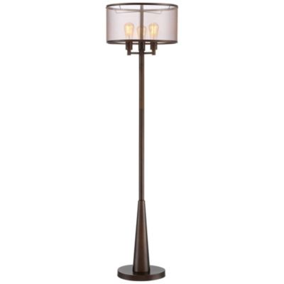 Durango Rustic Farmhouse Floor Lamp 62" Tall Oiled Bronze Metal 3 Light LED Brown Sheer Drum Shade for Living Room Bedroom Office
