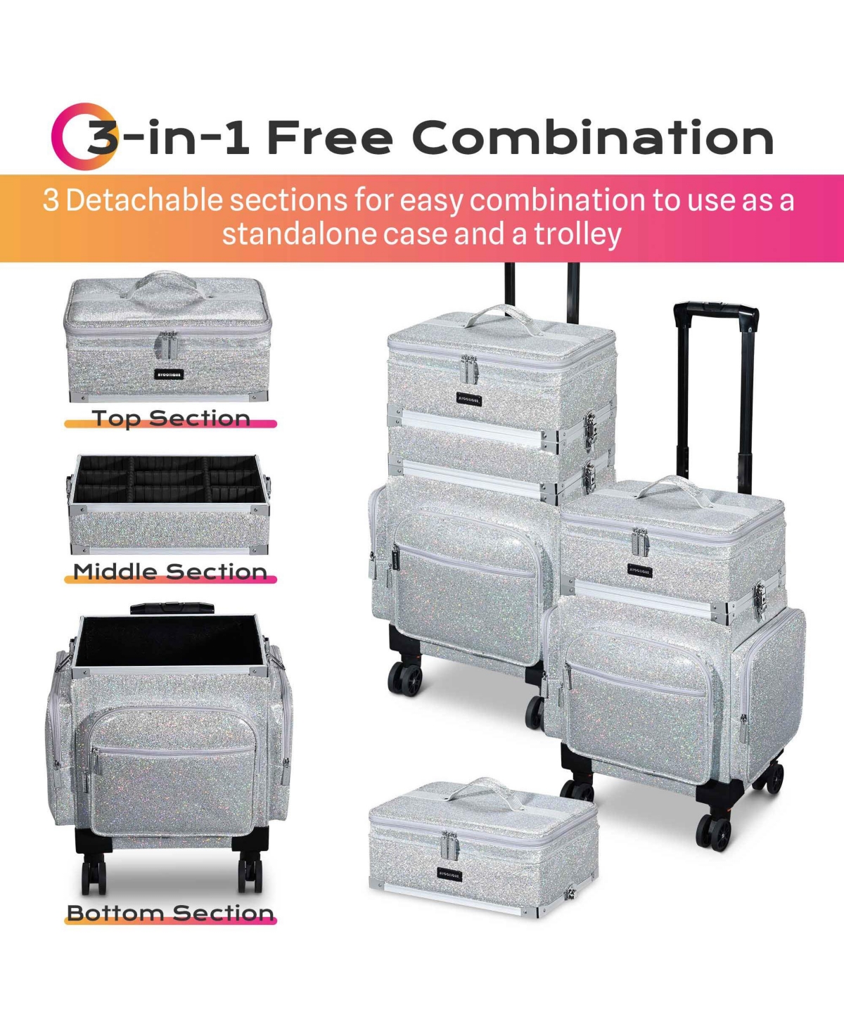 Byootique 3in1 Soft Sided Rolling Makeup Case Cosmetic With Removable Divider For Makeup Artist Nail Artist Glitter Silver