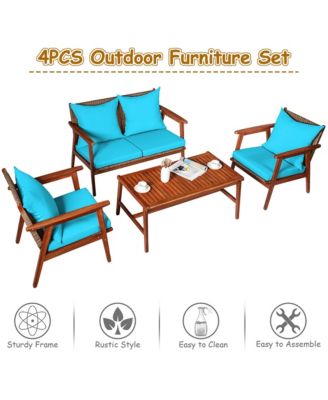 8PCS Patio Rattan Furniture Set Acacia Wood Frame Cushioned Sofa Chair Turquoise