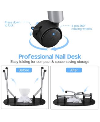 Folding Manicure Nail Table 2in1 Rolling Makeup Train Case Kit Manicure Cosmetic Trolley Travel Organizer Nail Case, Black