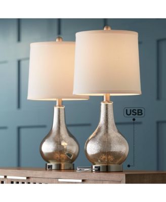 Ledger Modern Accent Table Lamps 21 3/4" High Set of 2 Mercury Glass with USB Charging Port Off-White Drum Shade for Family Office Desk