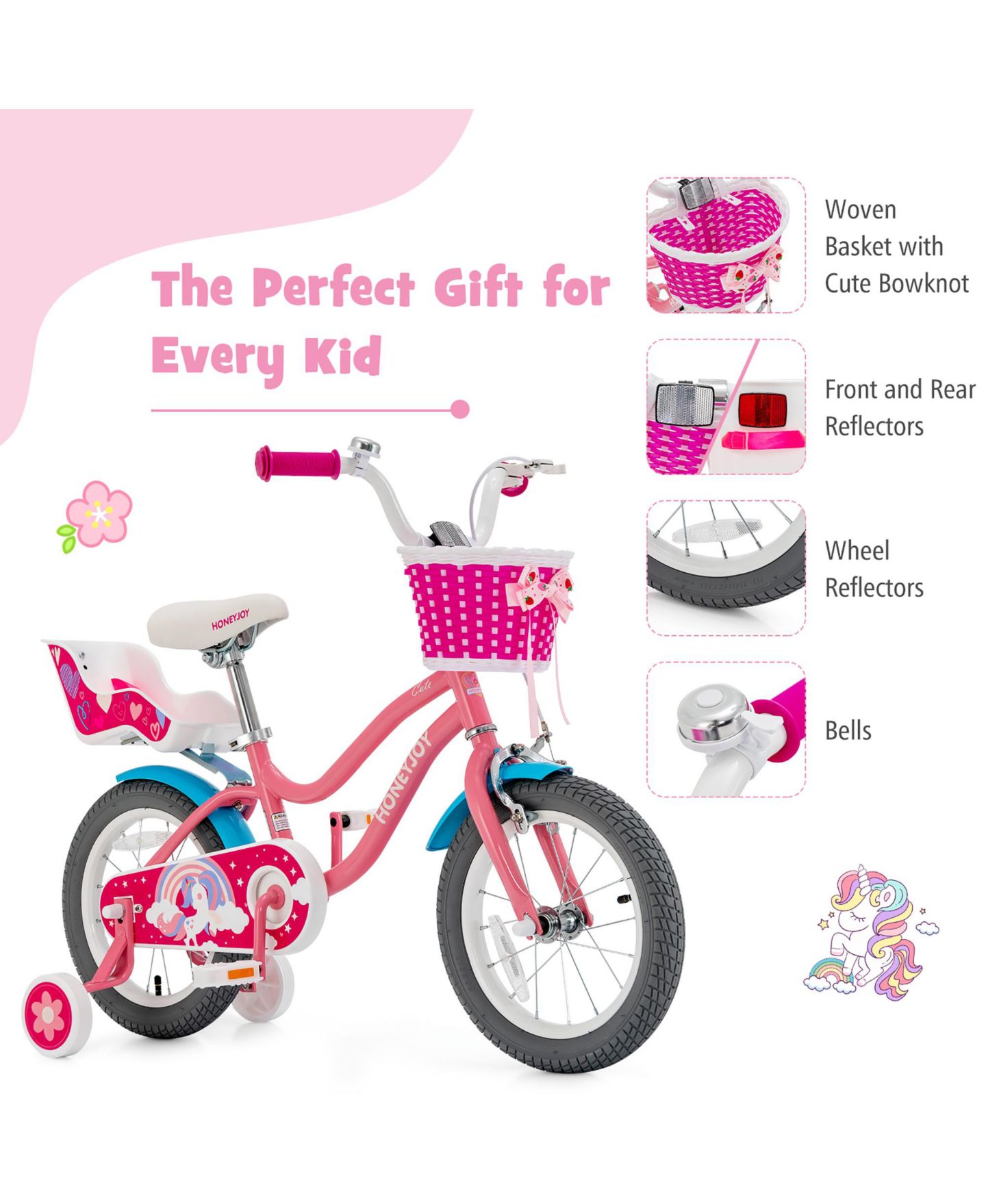 Детская игрушка Costway Brighter Youth I 18" Kids Bicycle with Training Wheels, 145-lb Capacity, Ages 4-8, цвет: Розовый — фото 8