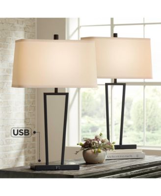 Cole Modern Table Lamps 27" Tall Set of 2 Black Metal with USB Charging Ports White Rectangular Shade for Bedroom Living Room Bedside