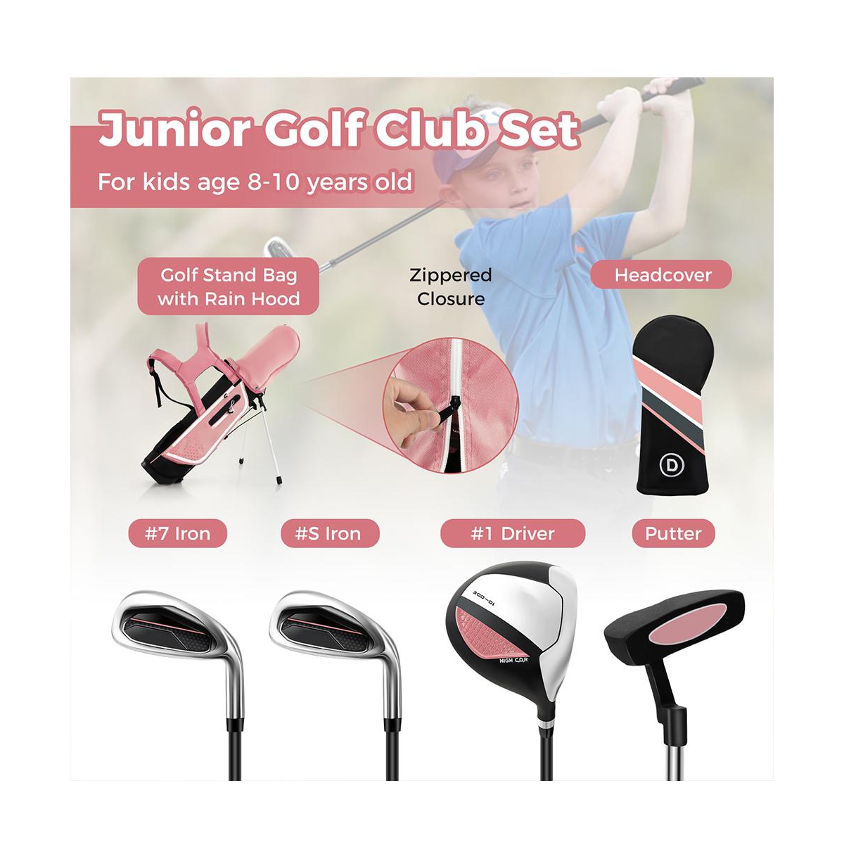 Slickblue Junior Complete Golf Club Set for Kids with Rain Hood Right Hand Children Golf Age 8-10 Years Old