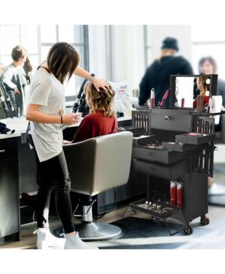 Pro Rolling Makeup Case Aritist Cosmetics w/ Lights Mirror Studio Black