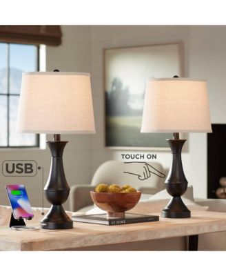 Traditional Table Lamps 25" High Set of 2 with Hotel Style USB Charging Port LED Bronze Oatmeal Shade Touch On Off for Living Room Bedroom