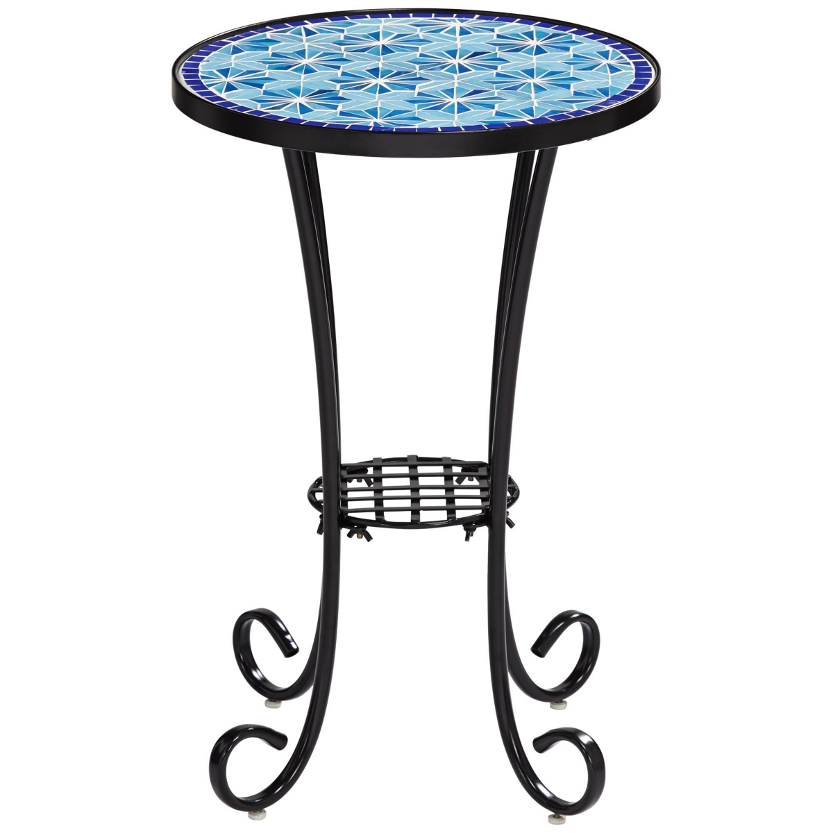 Teal Island Designs Blue Star Modern Black Metal Round Outdoor Accent Side Table 14" Wide with Lower Shelf Mosaic Tabletop Gracefully Curved Legs for