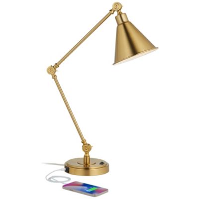 Wray Modern Desk Lamp 26 3/4" High with USB Charging Port Warm Brass Gold Metal Adjustable Arm Head for Bedroom Living Room House Bedside Nightstand Home Office Reading Family - 360 Lighting