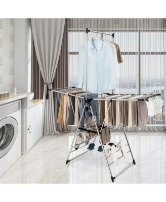 2-Layer Stainless Steel Foldable Drying Rack w/ Hanging Bar & 2 Height-adjustable Wings