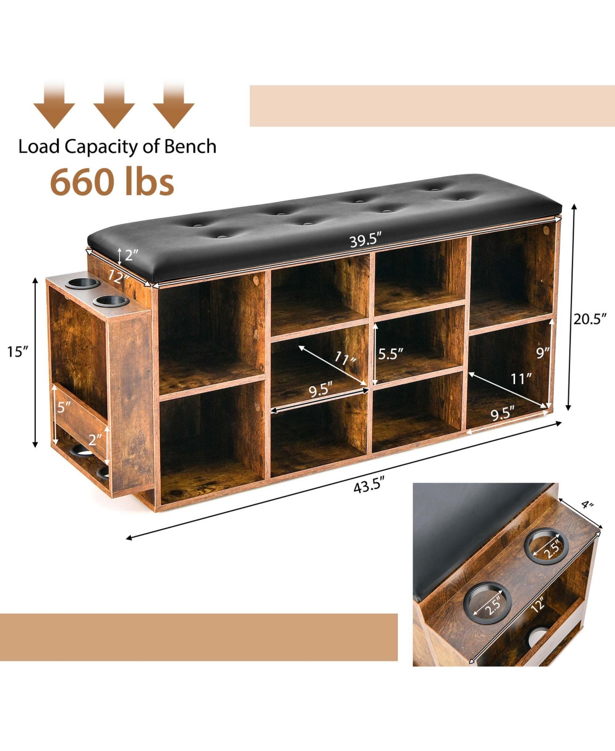Wooden Shoe Bench 10-Cube Storage Organizer with Padded Cushion & Umbrella Holder