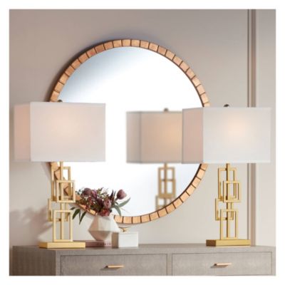 Gale Modern Mid Century Table Lamps 26" High Set of 2 Brushed Gold Grid Metal White Shade for Bedroom Living Room Bedside Nightstand Kids